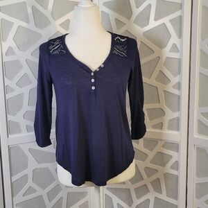 Neon Soul Navy Blue V-Neck 3/4 Sleeve Embellished Blouse Medium